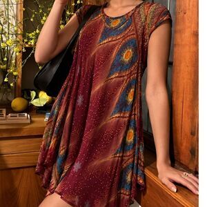 Gringo Burgundy Boho Ethnic Print Rayon Flowy Maxi Dress Festival Hippie